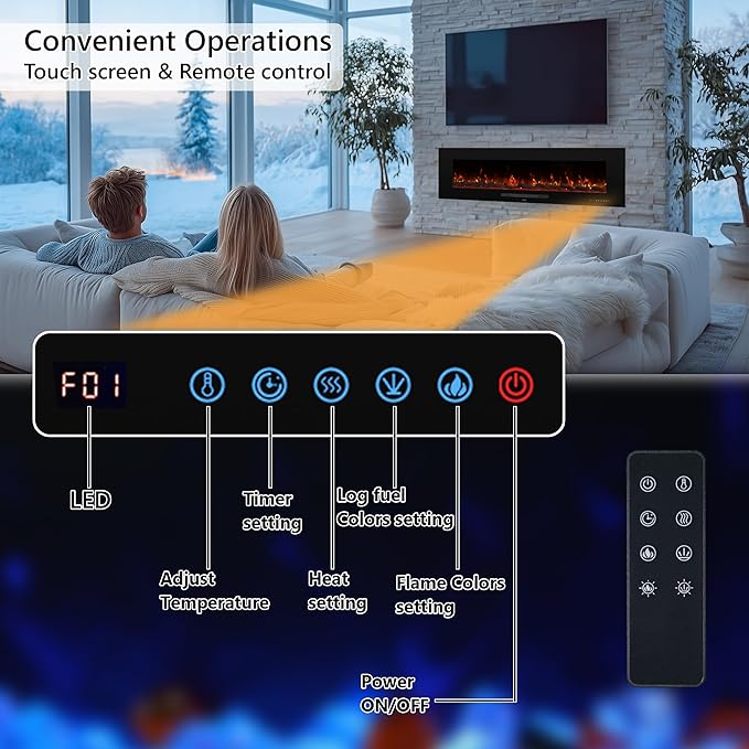 84 inches Electric Fireplace, Recessed & Wall Mounted Fireplace Heater 13 * 13 Colors Flame &Fuel Bed w/5 Dimmer, Touchscreen &Remote Control Temp, Overheating Protect, Hardwired, 1500W, Black
