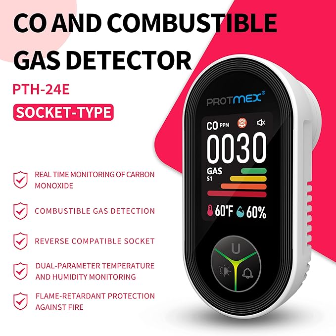 Protmex 4-in-1 Carbon Monoxide & Gas Detectors Plug in Large LCD Screen, Home CO Gas Detector with Temperature & Humidity Monitoring - 4 in 1 CO and Gas Detector Easy Installation for Home Travel