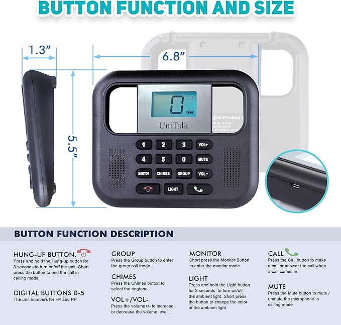 UniTalk Wireless Intercoms for Home & Office, Two-Way Real-time Full-Duplex Voice System with Offline Voice Control,Group Call & Monitor Function, Clear Sound, Long Range Up to 1/4 Mile (UT-001-1F1P)