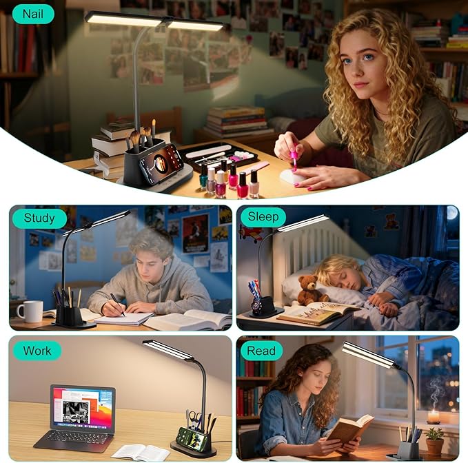 LED Desk Lamp, Eye-Caring Desk Light with Organized Base, 5 Color Modes & 5 Level Brightness, Adjustable Flexible Gooseneck Touch Lamp, Small Desk Lamp for Home Office, College Dorm Room Essentials