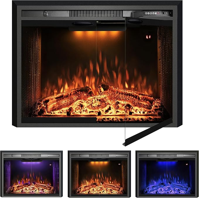 29 Inches Electric Fireplace Insert, 750W/1500W Fireplace Heater with Adjustable Flame and Top Light Colors, Fire Crackling Sound, Remote Control, Timer, Glass Door & Mesh Screen, Black