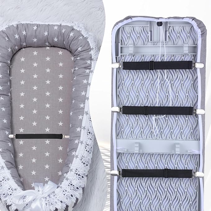 Xyembu 4Pcs Ironing Board Cover Clips Adjustable Ironing Board Pad Braces Fasteners Mini Suspenders Elastic Straps Clips for Secure and Tight Fit Corners Couch Covers Stays Bands(Black)