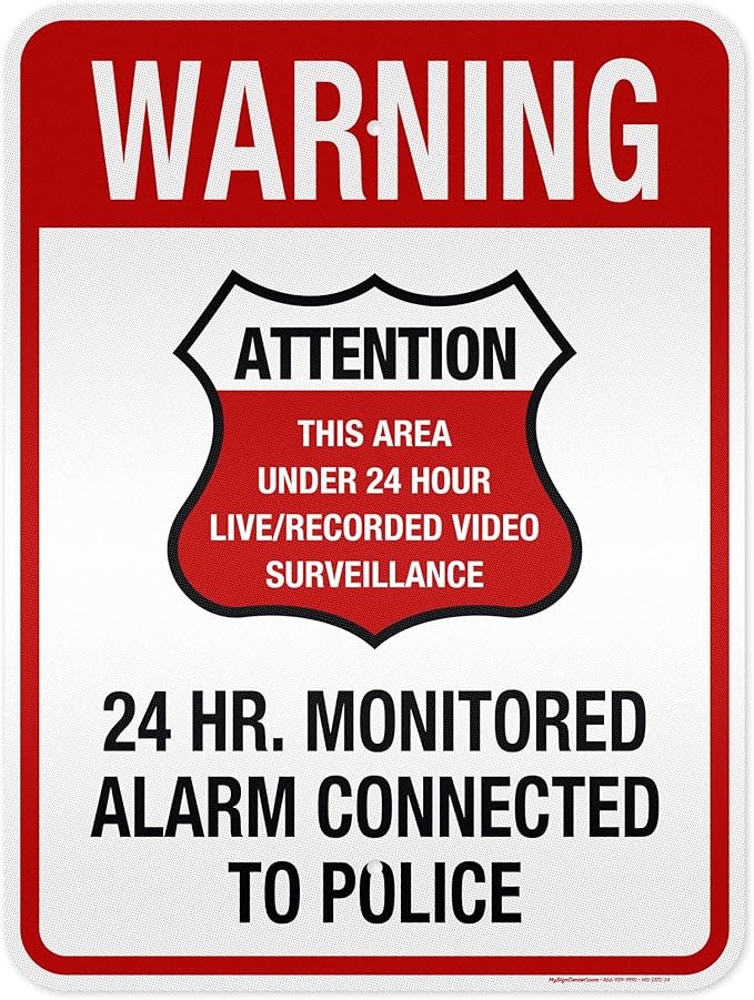 Warning 24 HR. Monitored Alarm Connected To Police Sign, 18x24 Inches, 3M EGP Reflective, Rust Free .080 Aluminum, Fade Resistant, Made in USA by My Sign Center