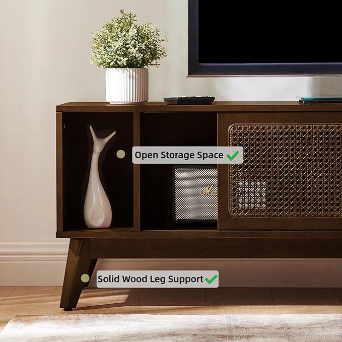 LKTART 68 Inch Mid Century Modern TV Stands with Rattan Doors, MCM Entertainment Center Media Console for 60/65/70/75 inch TVS, Long Boho Television Stand for Living Room, Dark Walnut