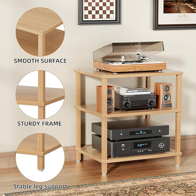 3-Tier AV Media Player Stand, Natural Stereo Cabinet, Modern Audio Shelf, Wooden TV Stand,Game Console Shelf, Multifunctional Entertainment Center, Suitable for Home, Conference Room, Game Studio