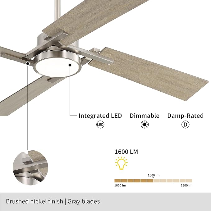 WINGBO 72 Inch Ceiling Fan with Light and Remote, 4 Plywood Blades, 6-Speed Reversible DC Motor, Dimmable, 3CCT, Farmhouse Ceiling Fan for Bedroom Living Room Kitchen, Brushed Nickel and Gray