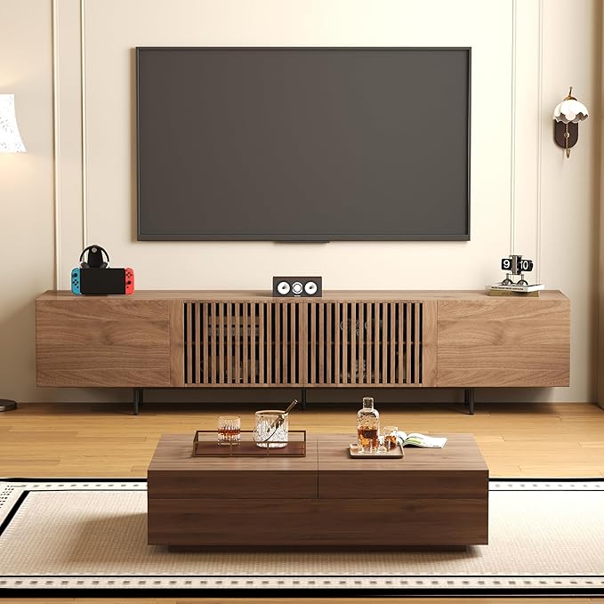 NessCarsti Mid-Century Modern TV Stand & Expandable Coffee Table Set, Walnut Finish, Stylish Storage Combo for Living Room or Bedroom (94.48“TV Stand+Coffee Table)