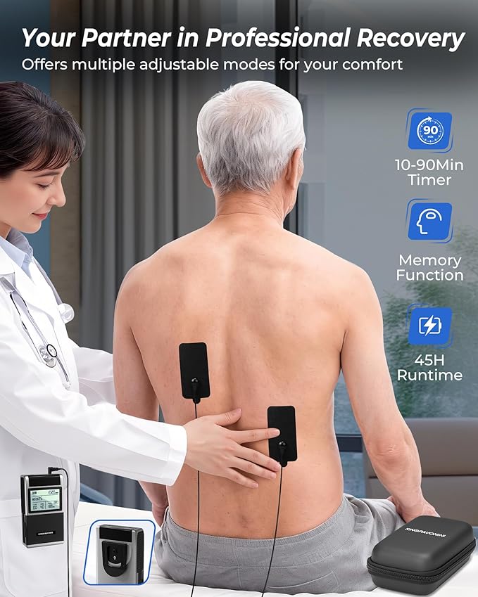 KingPavonini 4-IN-1 TENS Unit Muscle Stimulator, DIY & TENS & EMS & MASS, Dual-Channel 40 Intensities TENS Machine, Muscle Stimulator for Pain Relief Therapy Sciatica Back Pain, 12 Pads (Model: B2501)