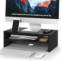 BONTEC Wooden Monitor Stand Riser, 2-Tier Desk Shelf with Storage Organizer, Ergonomic Computer Stand with Cable Management, Cellphone Holder, Black, 16.5 Inch