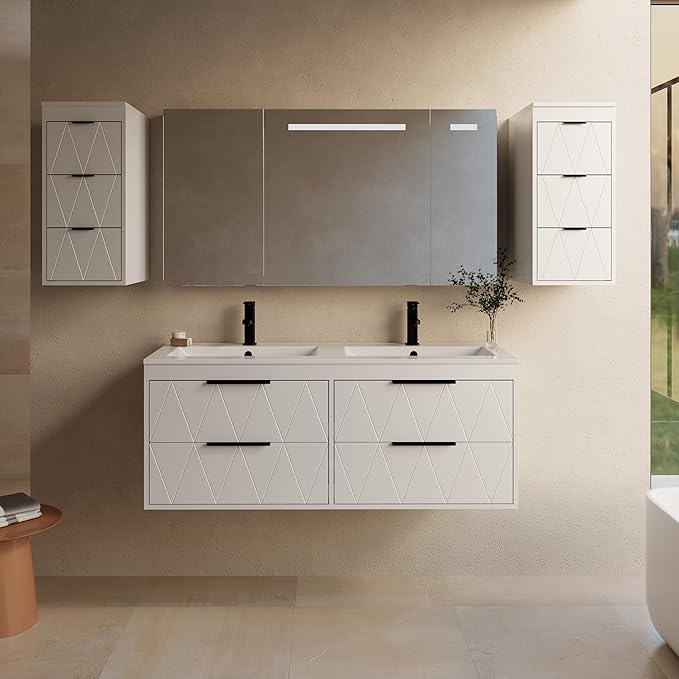 eclife 12" Bathroom Vanities Cabinet with Sink Combo, Wall Mounted Floating Cabinet W/Decor Line, Soft-Close System, 3 Extra Big Drawers, Matte Black Faucet, White