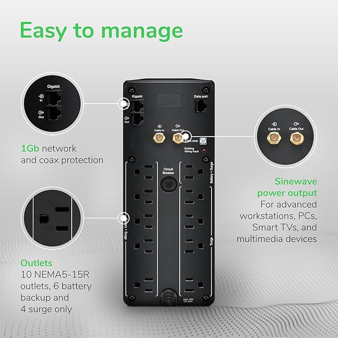 APC UPS 1500VA Sinewave UPS Battery Backup, BR1500MS2 Backup Battery Power Supply, AVR, 10 Outlets, (2) USB Charger Ports