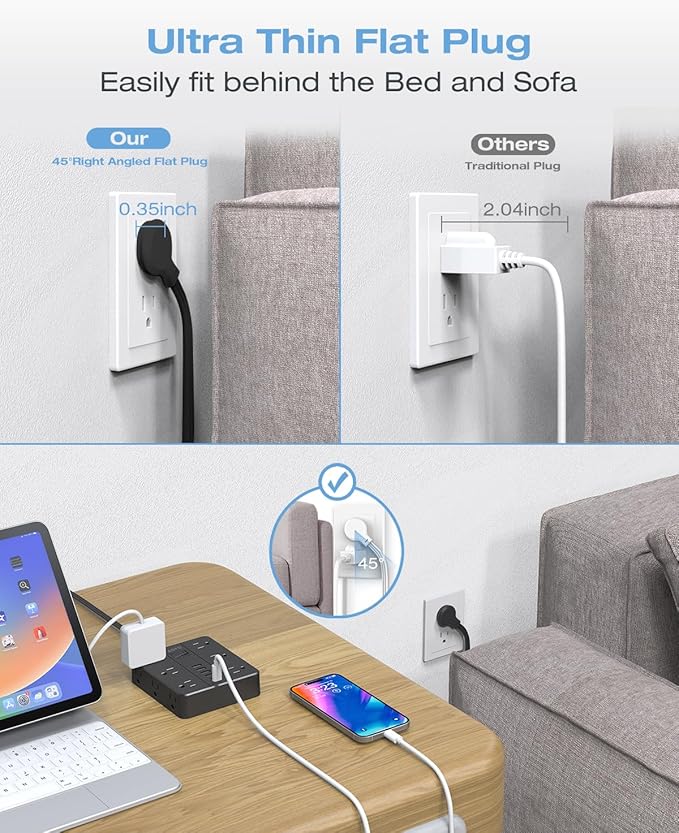 AOFO 15FT Surge Protector Power Strip,12 AC Outlets with 6 USB Ports (2 USB-C), Flat Plug Extension Cord with Multiple Outlets, Wall Mount for Home Office,Dorm, Black