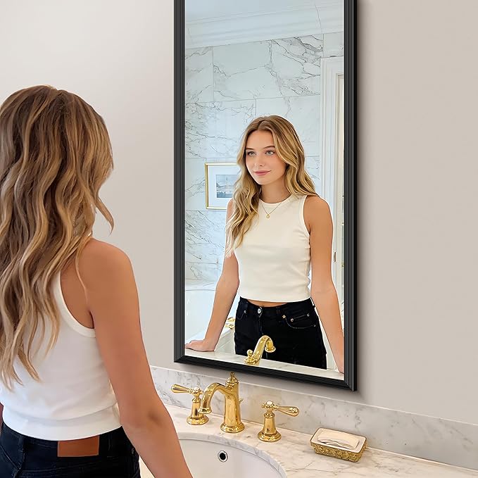 Black Bathroom Mirror 20 x 48 Inch Rectangle Wave Beveled for Wall Bathroom Vanity Mirror for Over Sink, Tempered Glass,for Entryway Hangs, Bathroom Living Room Horizontal or Vertical