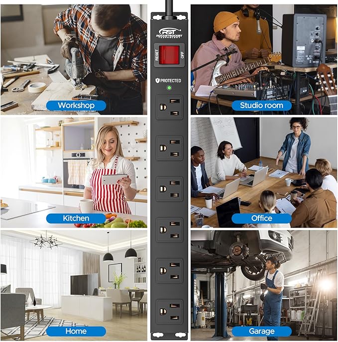 CRST 2Pack 6 Outlet Heavy Duty Power Strip with Switch, 15A/1875W Metal Mountable Power Strip Surge Protector 2100Joules, Wide Spaced Power Bar for Garage Workshop Home School, 6 FT Cord(Black)