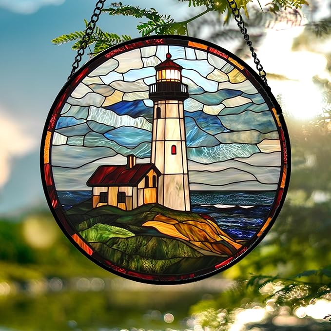 DASTOLL Stained Glass Window Hanging, Ocean Lighthouse Sun Catchers Glass Panel Blue Green Suncatcher Decor for Birthday for Women, Men, Wife, Aunt, and Mom 14.9x14.9 in