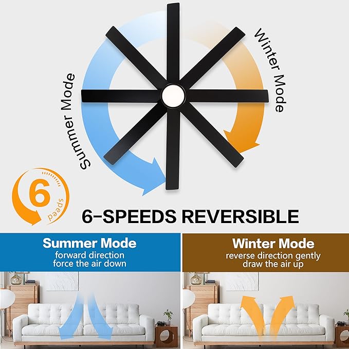 WINGBO 60" Large DC Ceiling Fans with Lights and Remote, 3 Downrods, 8 Plywood Blades, 6-Speeds Reversible DC Motor, 3CCT, Indoor Ceiling Fan for Bedroom Living Room Patio, Black