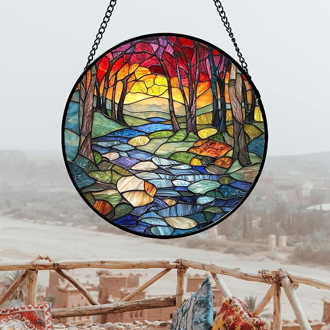 AMDERVEN Stained Glass Window Hanging, Red Tree Abstract Sunset Lake Sun Catcher for Window Home Decor Landscape Suncatcher Mother's Day Birthday Gifts for Women Men Mom and Nana 11.8 in