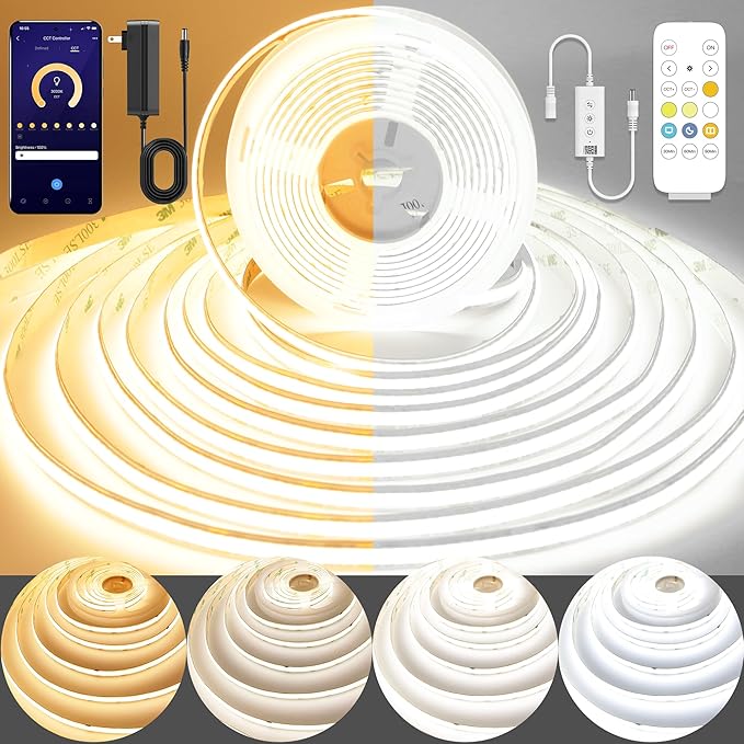 Pandery COB LED Strip Light,CCT Dimmable Strips Light,2700K-6500K,32.8ft/10m,8mm Wide,CRI90+ 24V LED Strips Kit with Bluetooth APP Control/Music Mode,for Bedroom,Kitchen,DIY Lighting