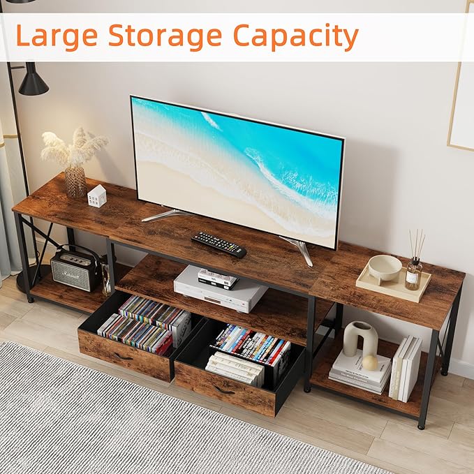 GYIIYUO TV Stand with Fabric Drawers - Entertainment Center and Industrial Console Table with Open Storage Shelves for Living Room, Bedroom - 71.5" Rustic Brown