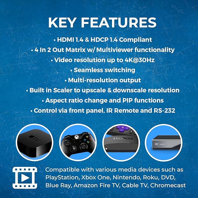 OREI Quad Multi HDMI Viewer 4 in 2 Out, HDMI Matrix Switcher 4 Ports Seamless Switching and IR Remote Supports 4K PIP PS5/PC/DVD/Security Camera, HDMI Switch RS-232 Optical Out - HDS-402MV