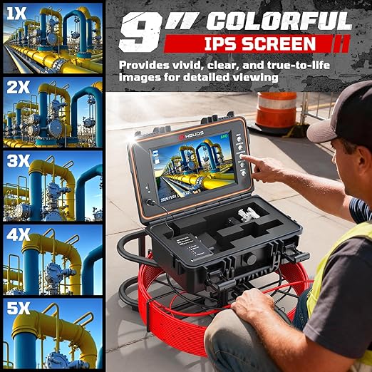 HBUDS Sewer Camera 100ft, Self Leveling Drain Camera with Meter Counter, 7mm Thick Cable, 9" HD Screen 1080P Plumbing Cameras Snake with Light, 5100mAh Battery Duct Pipe Video Inspection Cam DVR 32GB