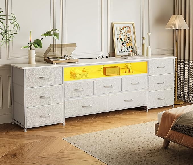Huuger 70 Inch TV Stand for 75, 80 Inch TV, 11 Drawer Long Dresser with Power Outlets and LED Lights, Entertainment Center with Storage, White Dresser with PU Leather Surface, 1TS011W