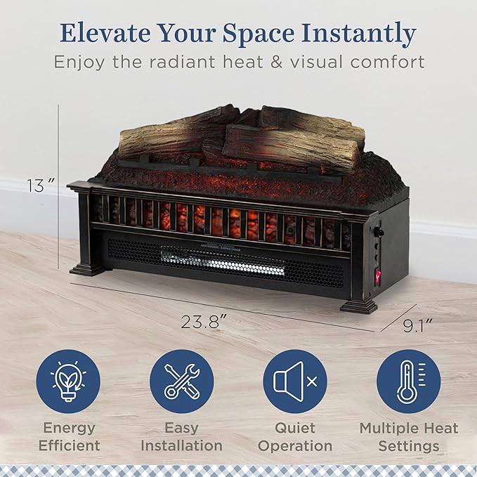 Country Living 23 inch Electric Log Set | Crackling Sound | 1000 Sq Ft Heater | Faux Logs Insert with Infrared Flames for Existing Fireplaces | Remote Control Included