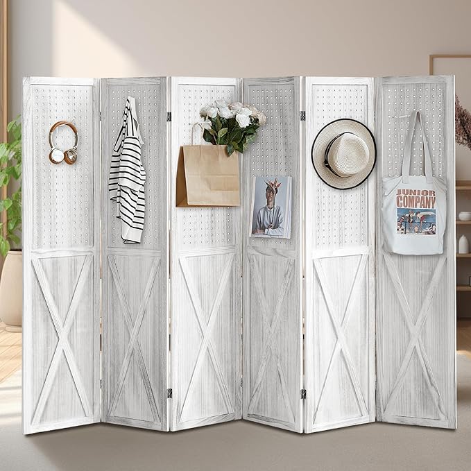 ALeesing 6 Panel Pegboard Room Divider, 5.6Ft Pegboard Display Folding Privacy Screens, Wood Room Divider Peg Board Display Freestanding for Trade Show Craft Show Home Wall Organizer, Retro White