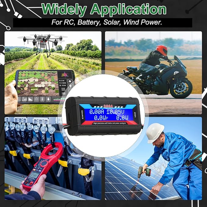 Yunsailing 2 Pcs 200A High Precision Watt Meter Power Analyzer Battery Consumption Performance Monitor Amp Meter Monitor with Backlight Digital LCD Screen for RC Solar Voltage Current Power (60V)
