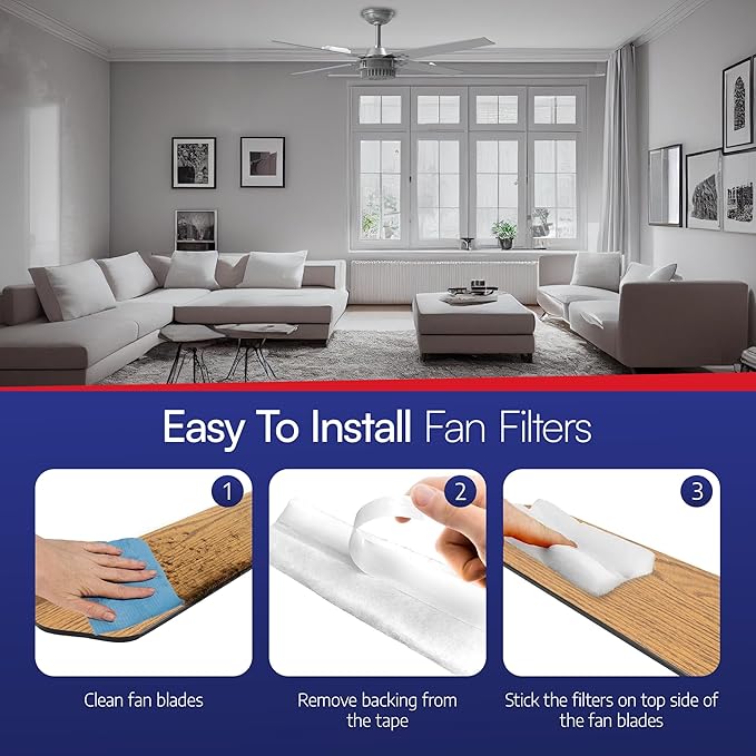BioStrike Ceiling Fan Air Filter - Attachable Blade Cleaners - Easy-Install Air Cleaners for 3-5 Blade Fans - Made in USA (4 Pack, 8 Blade Filters Total)