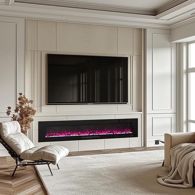 84 inches Electric Fireplace, Recessed & Wall Mounted Fireplace Heater 13 * 13 Colors Flame &Fuel Bed w/5 Dimmer, Touchscreen &Remote Control Temp, Overheating Protect, Hardwired, 1500W, Black