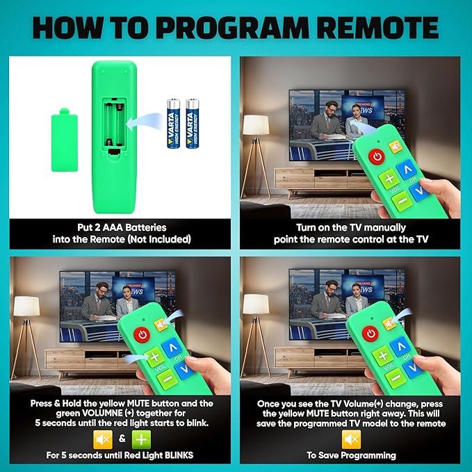EZclicker TV Remote for Seniors, Extra Simple Big Button Remote (Green) Works with Major TV Brands, NOT for Streaming (2xAAA Batteries Not Included)