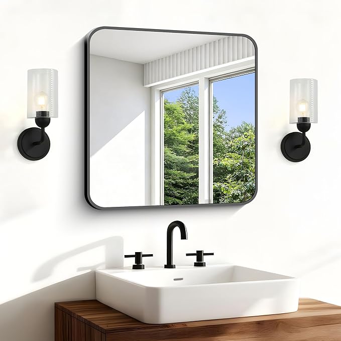 Black Bathroom Mirror, 18 x 18 inch Square Mirrors for Wall, Metal Frame Rounded Corner Vanity Mirror for Over Sinks Modern Bedroom Living Room Horizontal Or Vertical Mounting