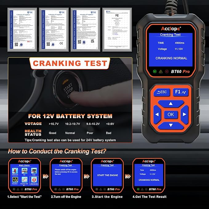 BT60 Pro Acclope Car Battery Tester with Cloud Printing 100-3000 CCA 6V 12V 24V AGM Lithium Gel Battery Checker Automotive Alternator Digital Analyzer Charging Cranking System Vehicles Truck Home-use