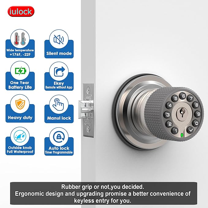 iulock Smart Door Knob with Keypad and Key,Keyless Entry Door Lock with Rubber Grip, Auto Lock,50 User Code,Waterproof, Easy to Install and Program for Bedroom Garage Office Gate (Satin Nickel)