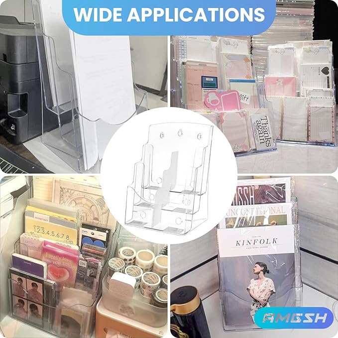 AMGSH 3 Tier Brochure Stand - Acrylic Literature Holder with Removable Divider for 4' x 9' Brochure, Clear Flyer Holder Pamphlet Display Stand