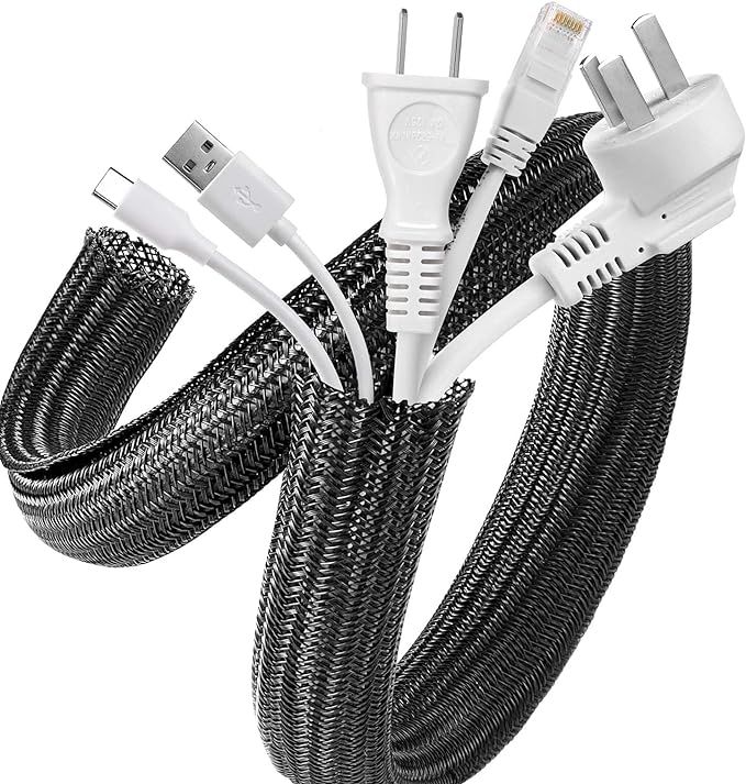 AGPTEK Cable Sleeve Cover, 10ft - 1 inch Desk Cord Organizer Cable Hider, Home Office Wire Management Computer TV Wire Loom Tubing, Pet Proof Cord Protector, from Cat Dog Chewing, Black