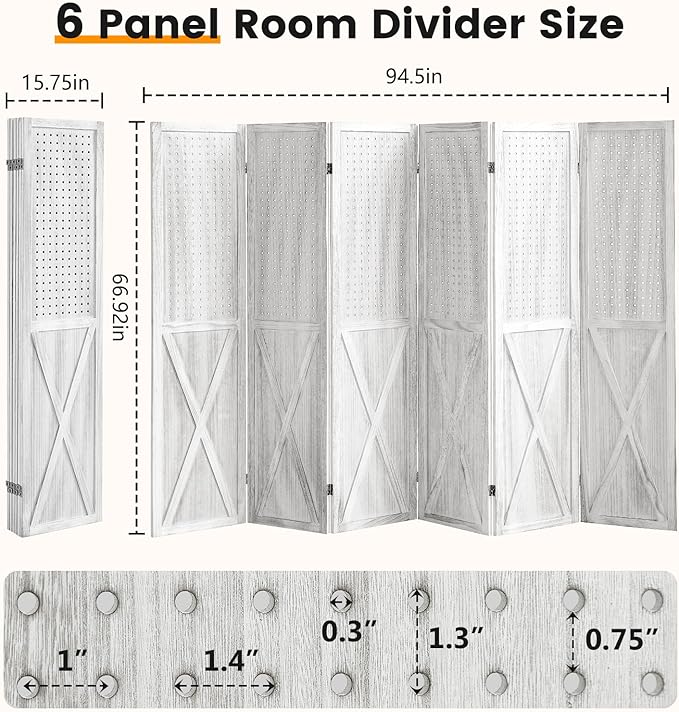 ALeesing 6 Panel Pegboard Room Divider, 5.6Ft Pegboard Display Folding Privacy Screens, Wood Room Divider Peg Board Display Freestanding for Trade Show Craft Show Home Wall Organizer, Retro White
