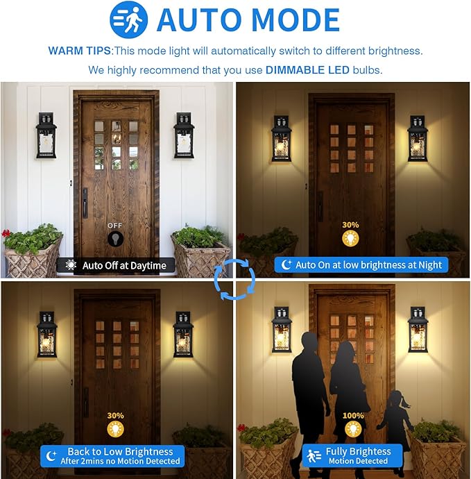 VIANIS Motion Sensor Exterior Lights for House, 2 Pack Dusk to Dawn Porch Lights Sconce Outdoor, Moden Black Outdoor Sconce Lights Lantern with Tempered Glass for Garage, Patio, Waterproof