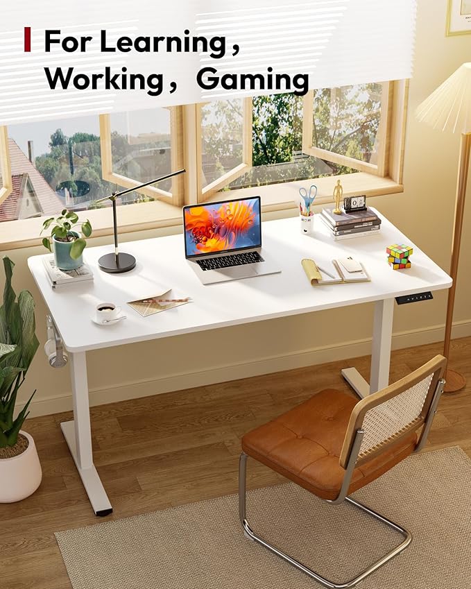SANODESK Electric Standing Desk 48 x 30 Inches Whole-Piece Desktop Height Adjustable Stand Up Desk w/6-Button Controller Ergonomic Computer Desk for Home Office, White Frame + White Tabletop