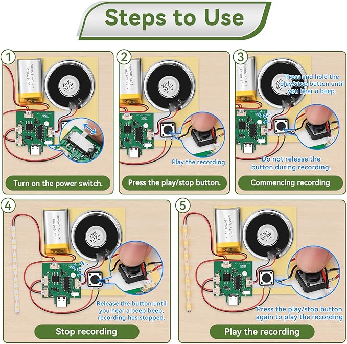 2PCS Customize Recording Module with LED Strip DIY Music Voice Recording Module Chip with Speaker,Type-C Cable,Capability16 Minutes Music for Personalized Greetings, Holiday Crafts Cards with Manual