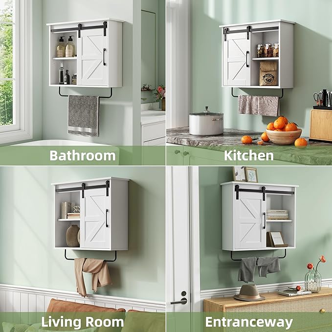 Bathroom Wall Cabinet Over Toilet Sliding Door 23x19 Inch Farmhouse Medicine Cabinet with Towel Bar Motion Sensor Light Adjustable Shelves White Above Toilet Storage for Laundry or Kitchen