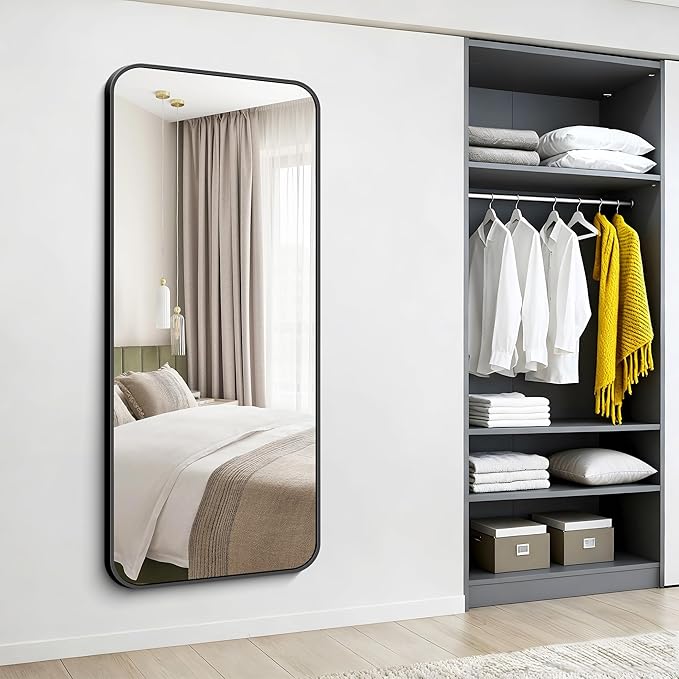 Black Bathroom Mirror, 66x30 inch Aluminum Metal Frame Rectangular Vanity Mirror, Large Wall Mounted Rectangle Mirrors with Rounded Corner for Over Sink Bedroom Living Room Horizontal/Vertical