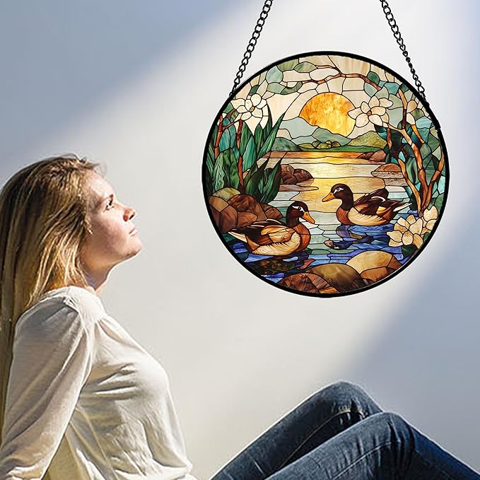 AMDERVEN Stained Glass Window Hanging, Ducks in The Pond Sun Catcher for Door Home Decor Landscape Plant Suncatcher Christmas Mother's Day Birthday Gifts for Women Men Mom Nana 9.8 in