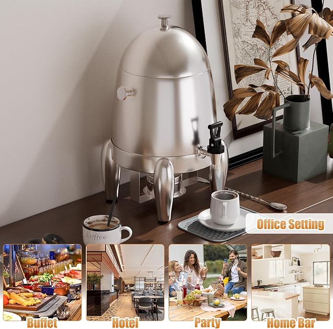 3 Gallon Beverage Dispenser with Stand, Commercial Coffee Urn with Spigot, Hot Drink Buffet Warmer Server for Parties Weddings Holiday Entertaining Catering Events (Plus Mixing Spoon and Drip Mat)