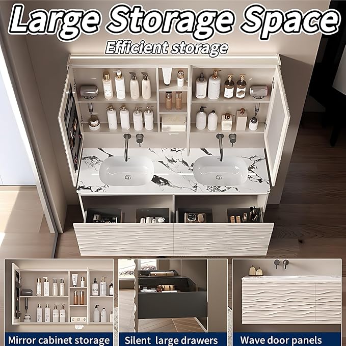 32IN Bathroom Vanity - Smart Defogging Mirror Cabinet | Waterproofing Technology & Wave Shaped Door Panel, Floating Bathroom Vanities with Large Storage Space (Mirror)
