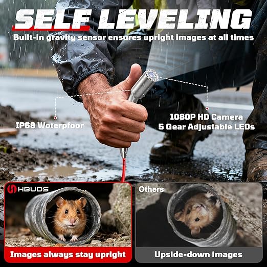HBUDS Sewer Camera, Self Leveling Drain Camera 165ft with Meter Counter, 7mm Thick Cable, 9" HD Screen 1080P Plumbing Cameras Snake with Light, 5100mAh Battery Duct Pipe Video Inspection Cam DVR 32GB