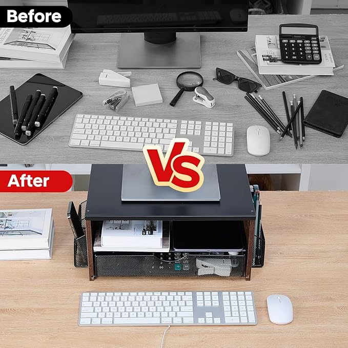 Xmoddes Printer Stand,Desktop Printer Stand with 2-Tier Storage Shelves for Home Office，Desk Organizer with Drawer and 2 Pen Holders for Fax Machine Scanner Files