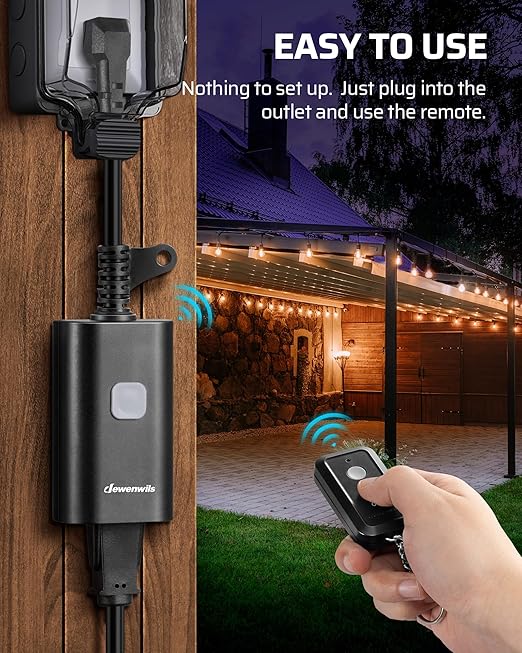 DEWENWILS Outdoor Remote Control Outlet, 15A Wireless Remote Control Switch, 100FT Control Range & 14AWG SJTW Power Cord, Weatherproof for Outdoor Appliances, 1 Remote Control+3 Outlets