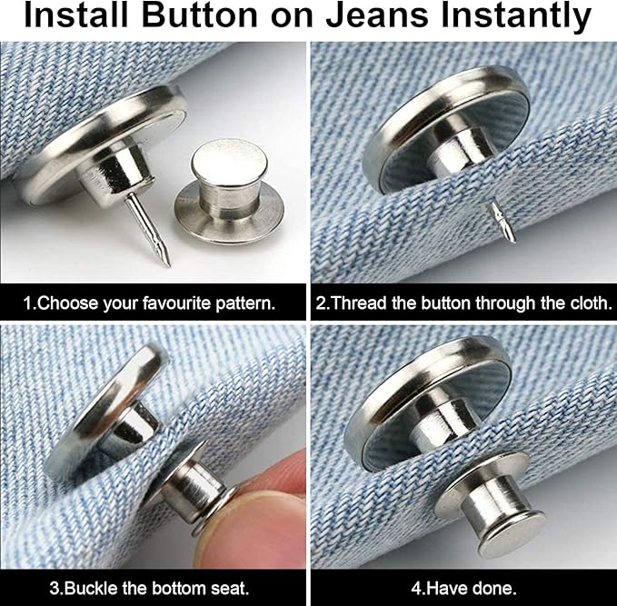 TOOVREN 8 Sets Jean Buttons for Loose Jeans, No Sew No Tool Instant Replacement Button Pins Adjustable Pant Waist Tightener to Make Smaller, Reusable Extra Pants Clips to Tighten Waist, Silver